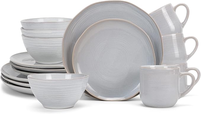 Elanze Designs Reactive Glaze Farmhouse Rustic Boho Ceramic Stoneware Dinnerware 16 Piece Plate Bowl Mug Dish Set - Service for 4 Pale Grey