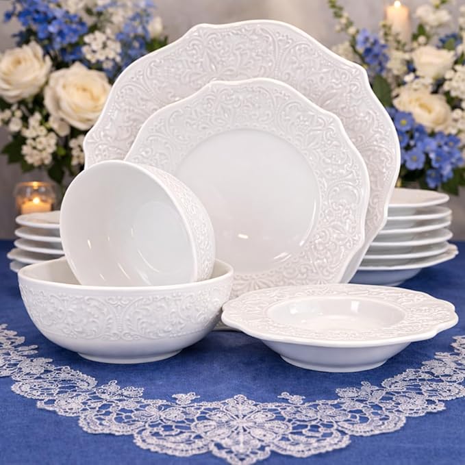 Tudor Royal 20-Piece Porcelain Round Dinnerware Set White Color Service for 6 People Whitehall Design Plates Bowls Dishes Unique Decorated with Embossed Designed and Scalloped Edges Pattern.