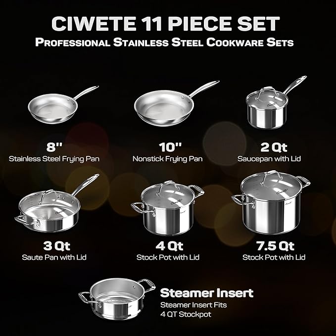 11-Piece Tri-Ply Stainless Steel Pots and Pans Set 18/10 Stainless Steel Cookware Set with Steamer Insert Induction Kitchen Cookware Sets with Cool Ergonomic Handles Dishwasher Oven Safe