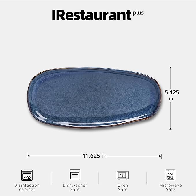 Organic Shape Highland Ceramic Serving Tray 12pcs 11.625 * 5.125inch Handmade Reactive Glaze Stoneware Tray with Wavy Edge for Kitchen Microwave &amp Dishwasher Safe Scratch Resistant-Blue