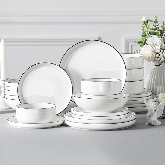 MALACASA Plates and Bowls Sets 24 Pieces Modern Porcelain Dinnerware Set for 6 Ceramic Dishware Dishes White Kitchen Dinner Dining Ware Set wtih Black Rim Microwave and Dishwasher Safe Series LUNA