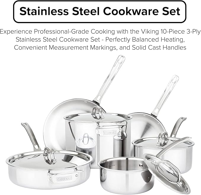Viking Culinary 3-Ply Stainless Steel Cookware Set with Metal Lids 10 Piece Dishwasher Oven Safe Works on All Cooktops including InductionSilver