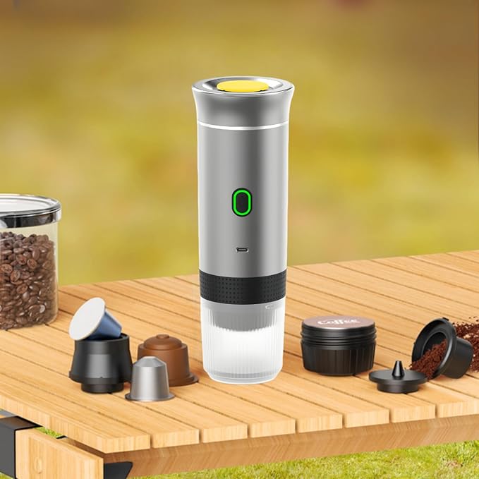 Mini Electric Espresso Coffee Machine Small Self-Heating Portable Car Coffee Maker with Capsule and Ground Coffee for Office RV Travel Camping Hiking (silver)