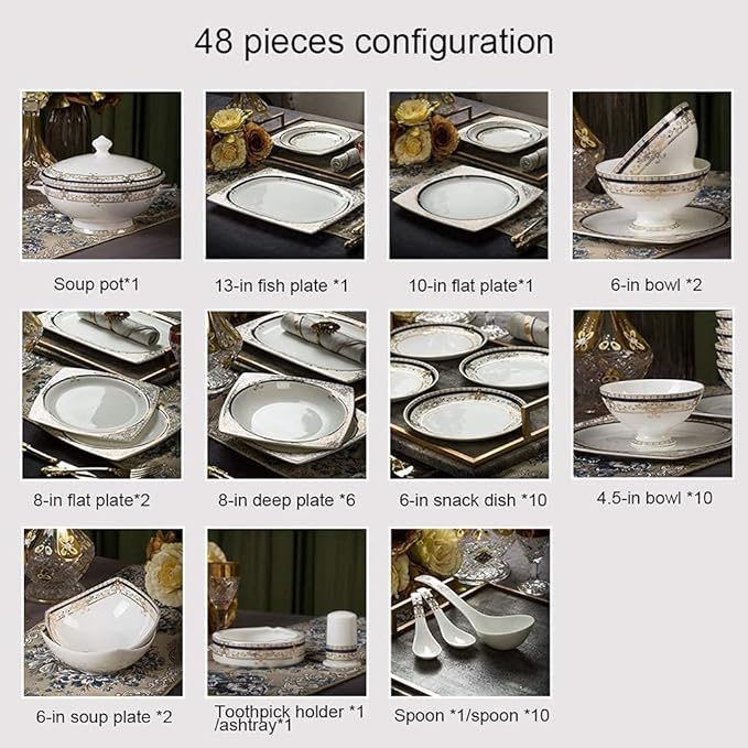 Dinner Set for Family PartyHotel RestaurantCeramics Dinnerware Set with 48-PiecesBowl/Dish/Soup Pot/Spoon|Dinner SetsNordic Style Golden Rim Porcelain Combination Set