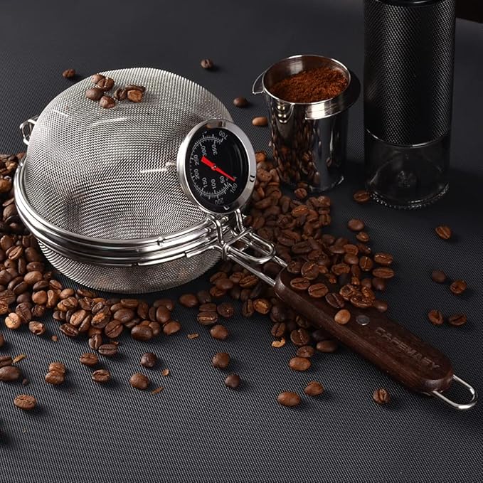 Home Coffee Bean Roaster Tool - CAFEMASY Portable Stainless Steel Handy Coffee Roaster Mesh Pan Tool with Thermometer for Home &amp Outdoor Coffee Beans Baking