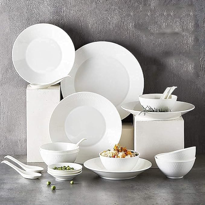 Dinnerware Set Dinner Party Tableware Service Set White Porcelain Dinnerware SetCeramic Plates and Bowls SetsVintage Round Dishes Set Dinner Plate