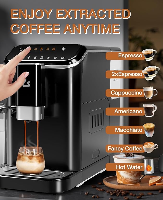 Fully Automatic Espresso Machine Espresso &amp Coffee Machine with Automatic Milk Frother Built-In &amp Adjustable Espresso Bean Grinder 1.5L Water Tank for Latte Cappuccino Macchiato