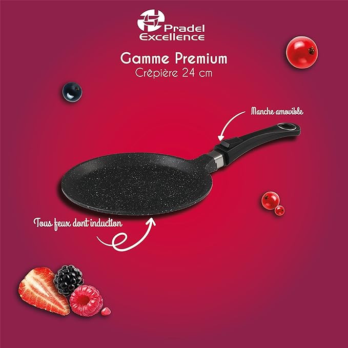 Pradel Excellence - 52406M - Pancake Pan Ø24 cm - First Generation Range - Cast Aluminium - Non-Stick Stone Coating - Removable Handle - All Induction Hobs
