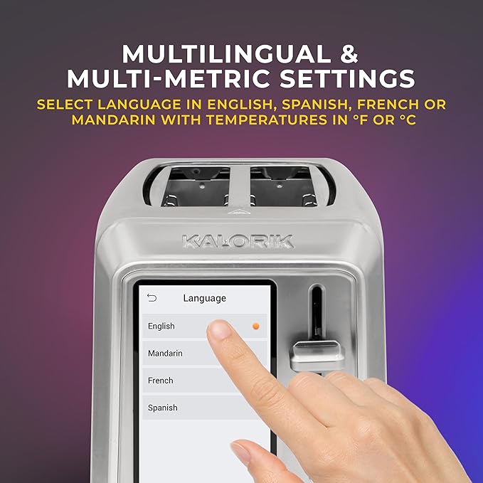 Kalorik Toaster VIVID TOUCH Series 2-Slice with Large High-Resolution Touchscreen and Customizable Cooking Presets by Bread Type Features Wide Slots and High Lift Lever 1000-Watts Stainless Steel
