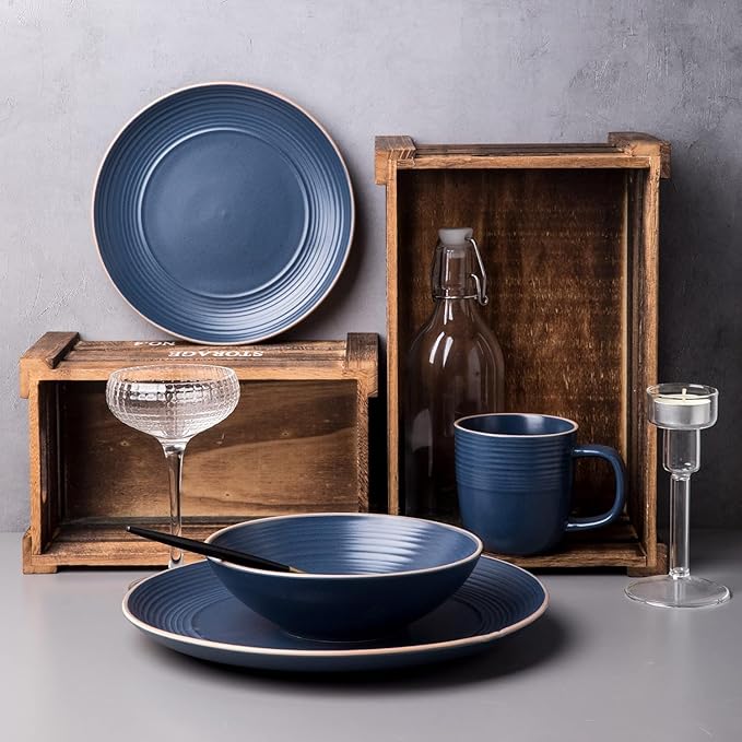 RINGAR Round Stoneware 16pc Double Bowl Dinnerware Set for 4 Dinner Plates Side Plates Cereal Bowls Pasta Bowls - Speckle Matte Blue (420796)