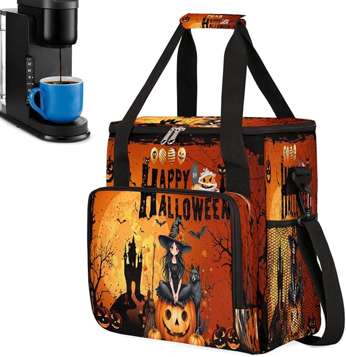 Witch Pumpkin Bats Moon Halloween Coffee Maker Carring Bag Travel Carrying Storage Tote Bag Compatible with Keurig K-Mini or K-Mini Plus Portable Single Serve Coffee Brewer Case with Pockets