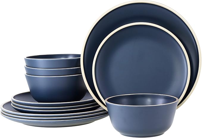 Melamine Dinnerware Sets for 4 Plates and Bowls Sets 12 Pcs Melamine Plates Nautical Dinnerware Sets Modern StyleDishwasher Safe BPA Free Suitable Indoor and Outdoor Use (Deep Blue)