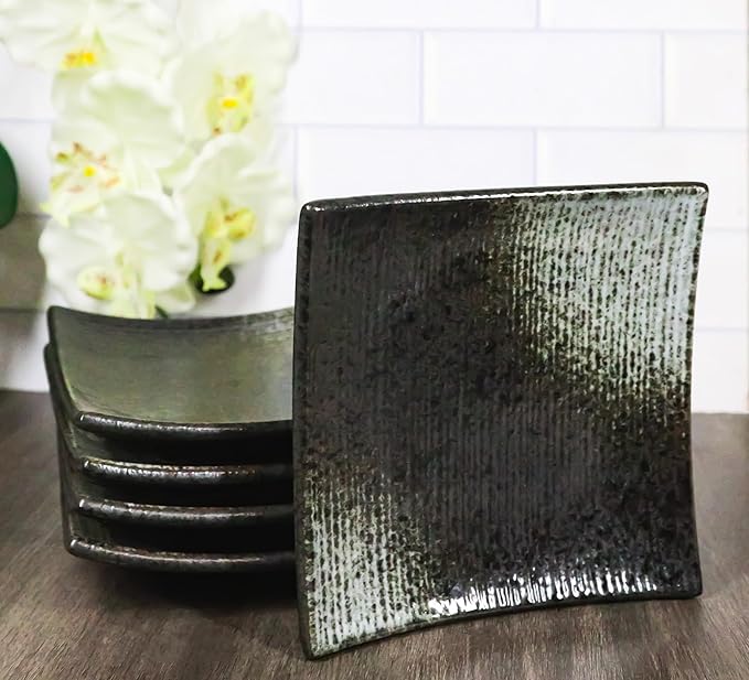 Ebros Gift Artistic Charcoal Grey Tone Hakumu Collection Dinnerware Serveware Kitchenware Set Asian Japanese Restaurant Supply (Pack Of 5 Square Appetizer Dessert Salad Plates)