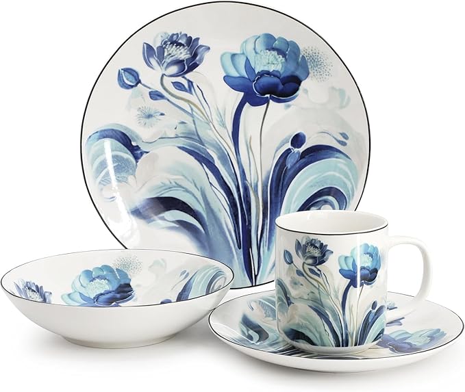 16‑Piece Porcelain Dinnerware Set with Floral Design – Round Plates Bowls and Mugs Microwave &amp Dishwasher Safe Tableware for 4 (Blue)