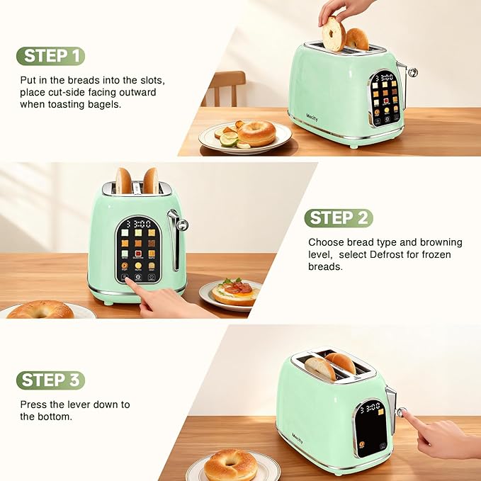Mecity Toaster 2 Slice Touch Screen Wide Slot Retro Toaster For Breads Bagel Muffin Waffle House Warming Gift New Home 120V 825W Light Green