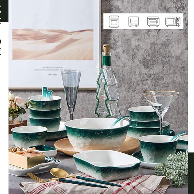 Dinnerware Set Dinner Party Tableware Service Set 51pcs of Nordic Bone China Dinner Bowl Set Porcelain Bowl and Plate White Green Stone Texture High-end Ceramic Bowl and