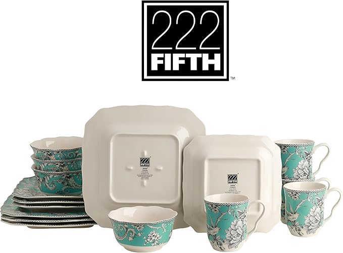 222 Fifth Adelaide 16-Piece Square Floral Dinnerware Set – Service for 4 Turquoise Porcelain Plate Bowl &amp Mug Set Chip Resistant for Everyday Dining &amp Entertainment Microwave &amp Dishwa