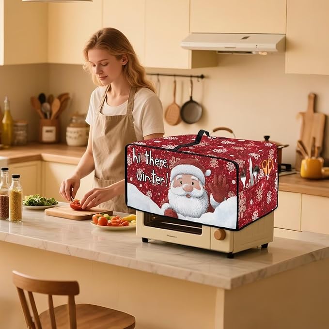 Doojoayie 4 Slice Toaster Cover Christmas Santa Kitchen Appliance Covers Universal Fit Toaster Oven Cover with Top Handle Belt Easy to Storange Red Christmas Home Decorations