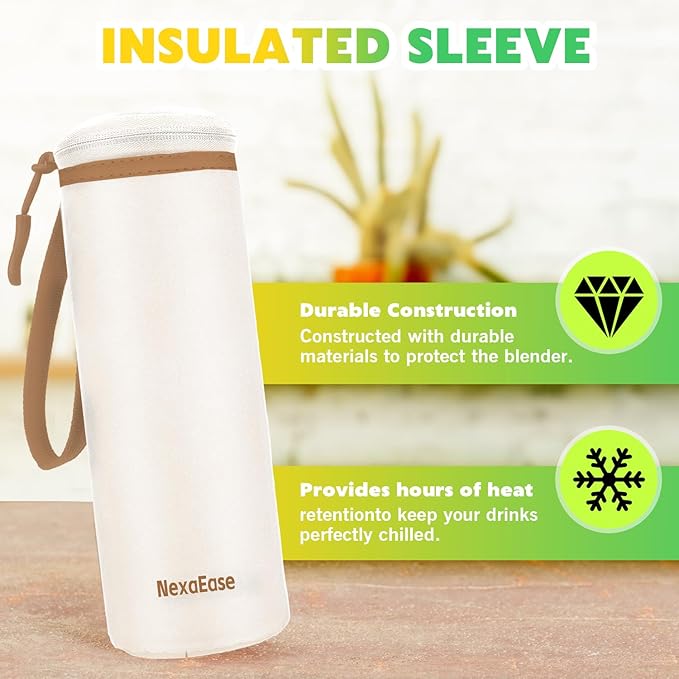 Portable Blender Personal Juicer for Shakes and Smoothies - 20 OZ Electric Protein Shaker Bottle with Insulated Sleeve Travel Lid USB-C Rechargeable - Mini Small Blender Cup for Kitchen Office Gym