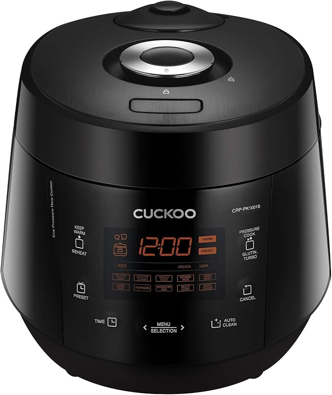 CUCKOO High Pressure Rice Cooker 10-Cup Uncooked / 20-Cup Cooked with Nonstick Inner Pot Large Rice Maker with 13 Menu Options and Steam Plate Fuzzy Logic Tech Auto Clean Black (CRP-PK1001S)