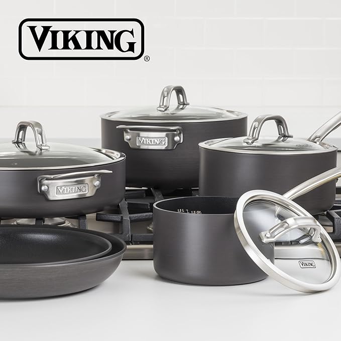 Viking Pots and Pans Set Non Stick 10 Piece Hard Anodized Kitchen Cookware with Glass Lids Black