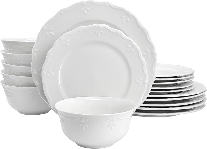 Elama Henryi 18 Piece Embossed Rim Detail Porcelain White Dinnerware Set Tableware Set Serveware (18 Piece)
