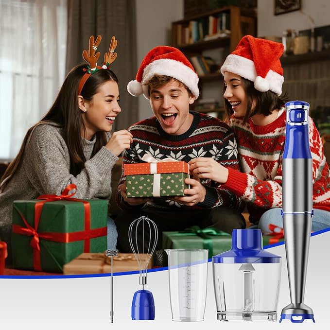Immersion Blender Handheld Corded Hand Blenders Set 1100W Trigger Variable Speed 5 in 1 Stick Emulsifier with Chopper Whisk and Frother for Soup Baby Food and Smoothies Royal Blue