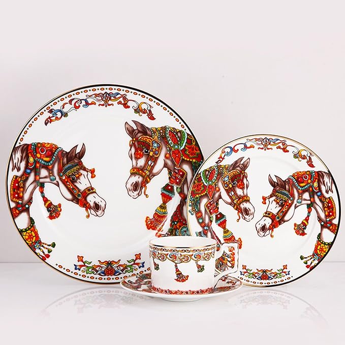 European Style Dinnerware Set Service for 2 Bone China Dinnerware Sets Unbreakable Porcelain Dinner Sets Coffee Cup and Saucer Tableware Set Steak Dinner Plates Dish Set Triumph Horse-4