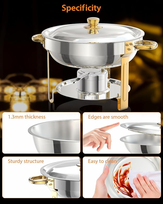Commercial 5QT Round Chafing Dish Buffet Set – 2-Pack Stainless Steel Food Warmers with Glass Lid Holder Spoon &amp Tweezer – Gold Perfect for Catering Banquets Weddings – 2-piece Set