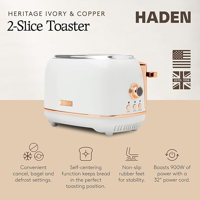 Haden Heritage 2-Slice Wide-Slot Toaster Stainless-Steel Bread Toaster with Adjustable Browning Control Crumb Tray &amp Non-Slip Feet Ivory &amp Copper