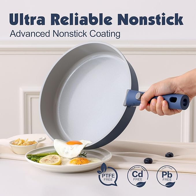 SENSARTE 17 Piece Ceramic Pots and Pans Set Nonstick Detachable Handle Cookware Induction Kitchen Cookware Set with Removable Handle Dishwasher ＆ Oven Safe (Navy)