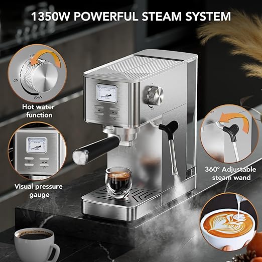 COWSAR Espresso Machine 20 Bar Compact Commercial Espresso Maker with Milk Frother Visual Pressure Gauge Coffee Machine with 47oz Removable Water Tank and Capsule Funnel for Cappuccino Latte