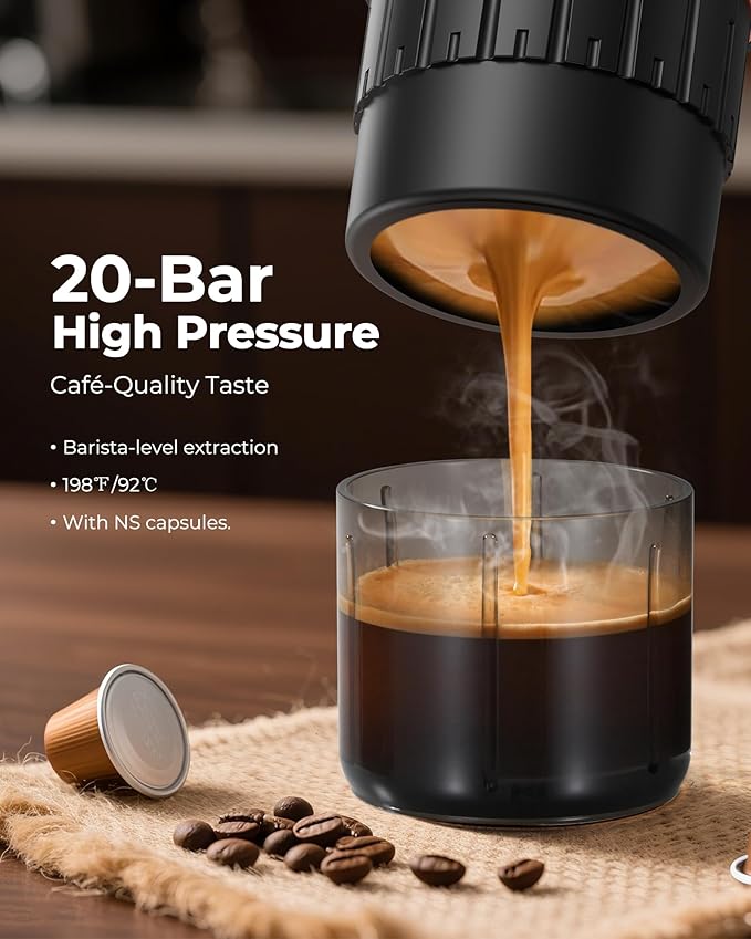 Portable Espresso Coffee Maker Travel Coffee Maker for Camping 20 Bar Self‑Heating Rechargeable with USB-C with NS Capsule for Car/Travel/Camping