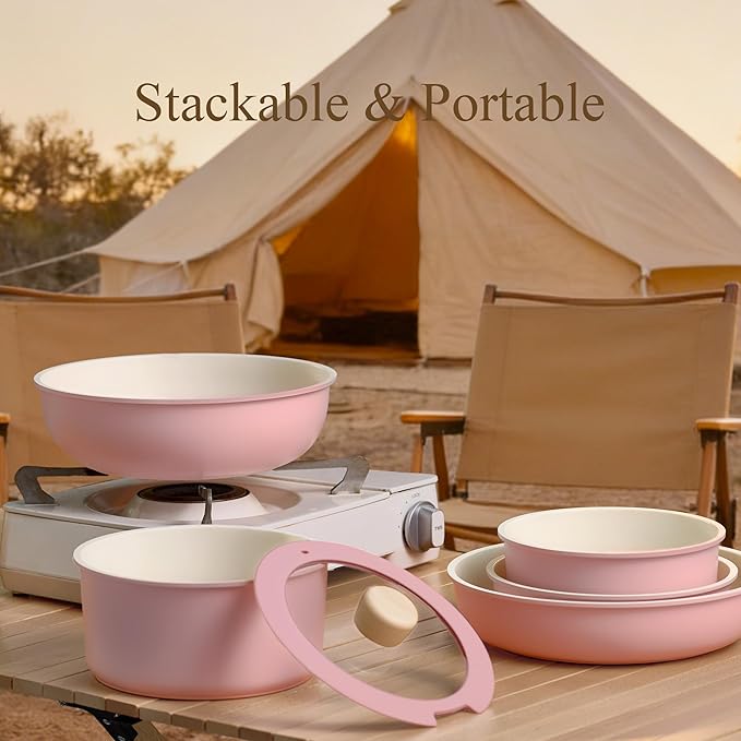 CAROTE Pots and Pans Set Nonstick Cookware Set Detachable Handle 19pcs Induction Kitchen Cookware Sets Non Stick with Removable Handle RV Cookware Set Oven Safe Pink