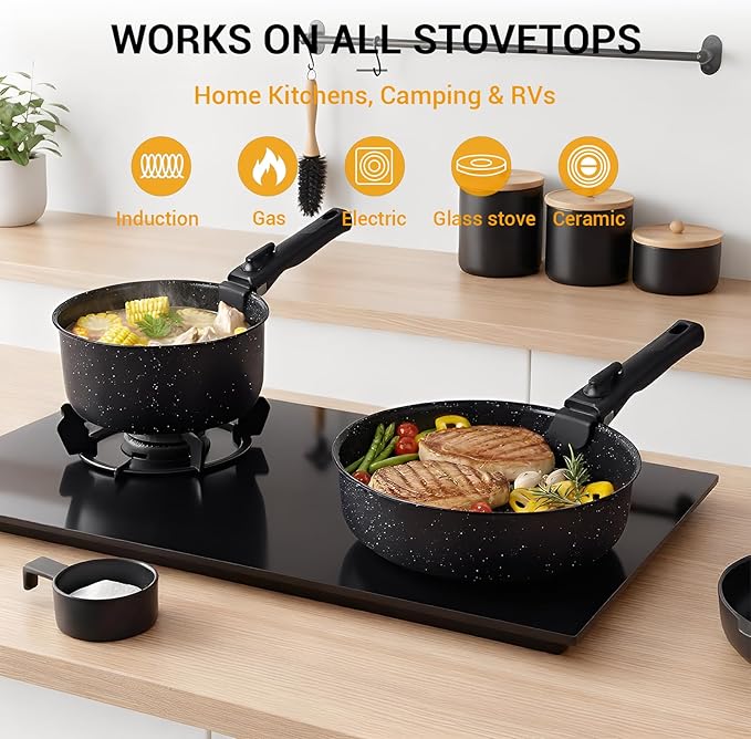 Ammeloo 21 Pcs Pots and Pans Set Non Stick Ceramic Kitchen Cookware Set with Detachable Handle Non Toxic Cooking Set for Kitchen RV Camping and Fridge Induction Ready Dishwasher/Oven Safe Black