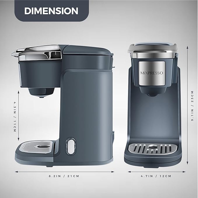 Mixpresso Single Cup Coffee Brewer - Quick Brew One Touch Function 12oz One Cup Grey Coffee Maker