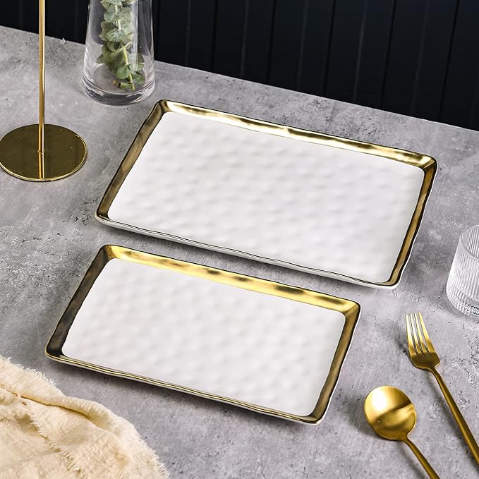 Stone Lain Florian Porcelain Large and Medium Rectangle Service Platters White with Gold Rim