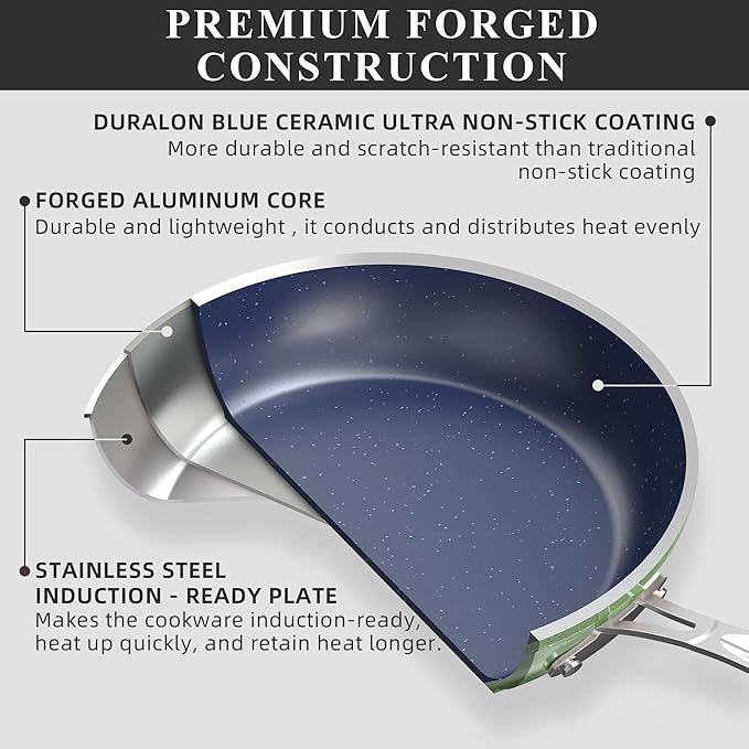 Nuwave Healthy Duralon Blue Ceramic Nonstick Cookware Set Diamond Infused Scratch-Resistant PFAS Free Dishwasher &amp Oven Safe Induction Ready &amp Evenly Heats Tempered Glass Lids &amp Stay-