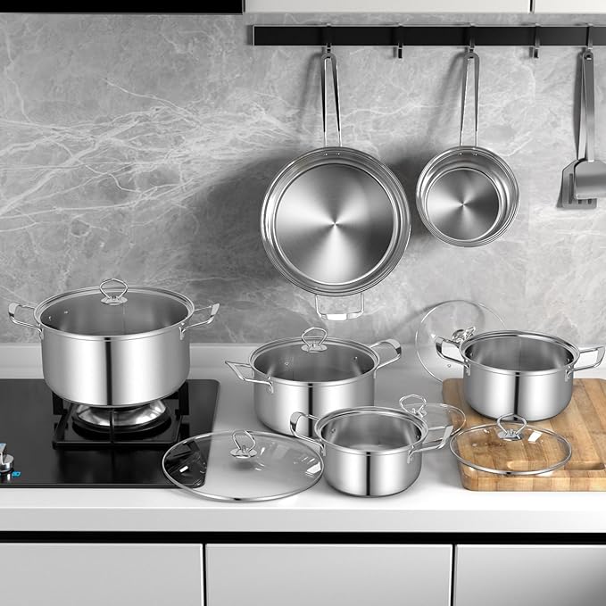 GOFLAME 12 Piece Pots &amp Pans Set Stainless Steel Cookware Set with Tempered Glass Lids Handles &amp 3-Ply Base 4 Stockpots 1 Frying Pan &amp 1 Sauce Pan for Stovetop Induction Halogen