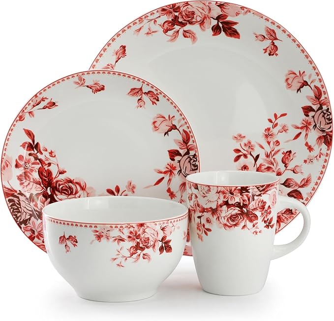 Traditional Purple Rose 16 Piece Stoneware Dinnerware Set – Floral Dinnerware Set for 4 Durable Microwave and Dishwasher Safe Plates Bowls and Mugs (Red Rose)