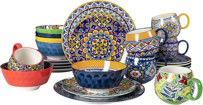 Bohemian Dinnerware Set – 24-Piece Porcelain Dinner Set with 6 Cereal Bowls 6 Dinner Plates 6 Salad Plates &amp 6 Coffee Mugs – Vibrant Hand-Painted Microwave &amp Dishwasher Safe