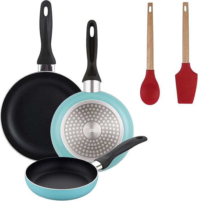 Well Home Set of 3 Pans Diameter 16 x 20 x 24 cm Made of Pressed Aluminium in Matte Blue + 2-Piece Silicone Cookware Set