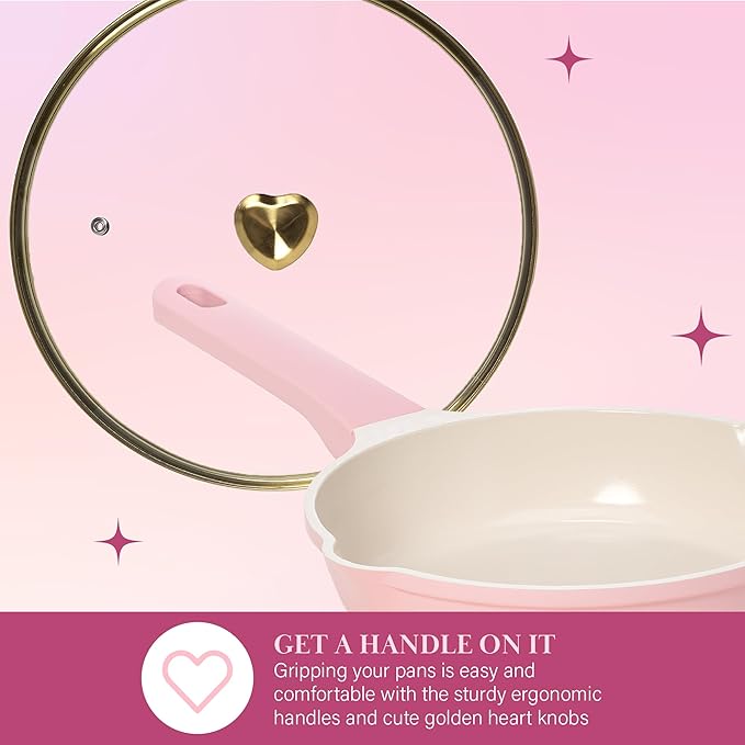 Paris Hilton Ceramic Nonstick Cookware Set Cast Aluminum with Dual Layer Nonstick Coating Gold Heart Knobs Stay-Cool Handles Made without PFAS PFOA PFOS &amp PTFE Dishwasher Safe 10-Piece Pi
