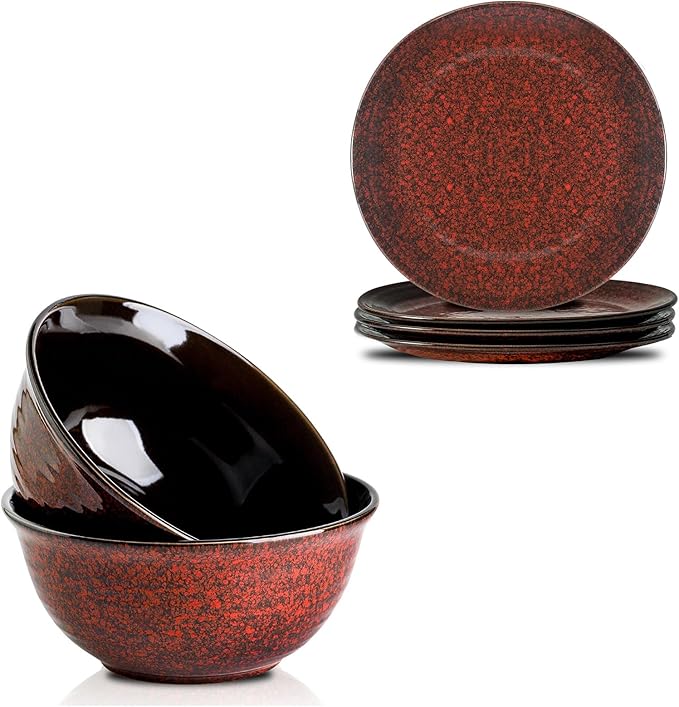 Hasense 6 Piece Stoneware Dinnerware Set 10 Inch Dinner Plate Set for 4 Plates and 84 Ounces Bowls Sets Microwave Dishwasher Safe Red