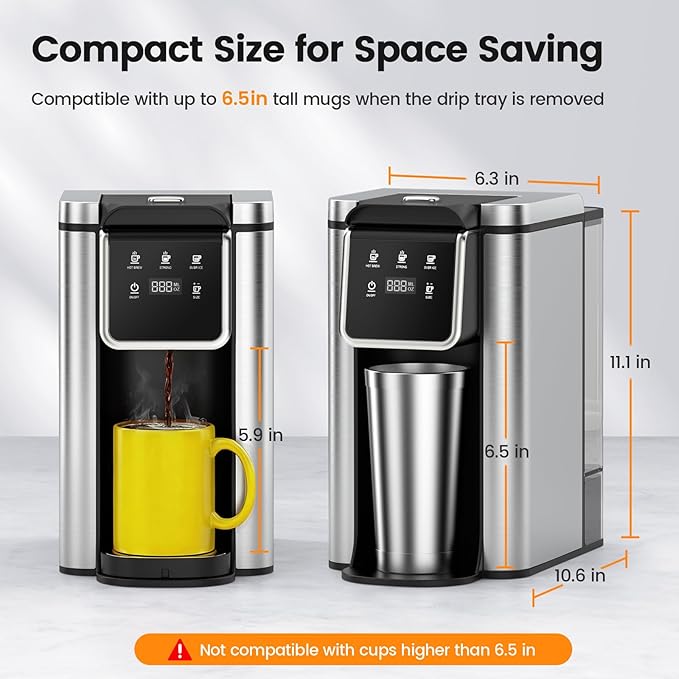 Single Serve Coffee Maker for K-Cup Pod and Grounds Hot and Iced Coffee Maker Strong Button Feature 6 to 14oz Brew Sizes 50oz Removable Tank Up to 6.5 Inch Cup Stainless Steel Black