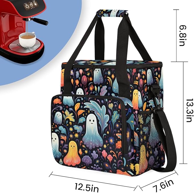 Halloween Ghosts Coffee Maker Carrying Bag Portable Travel Storage Tote Bag Compatible with K-Mini or K-Mini Plus Single Serve Coffee Brewer Carrying Case with Multiple Pockets &amp Shoulder Strap