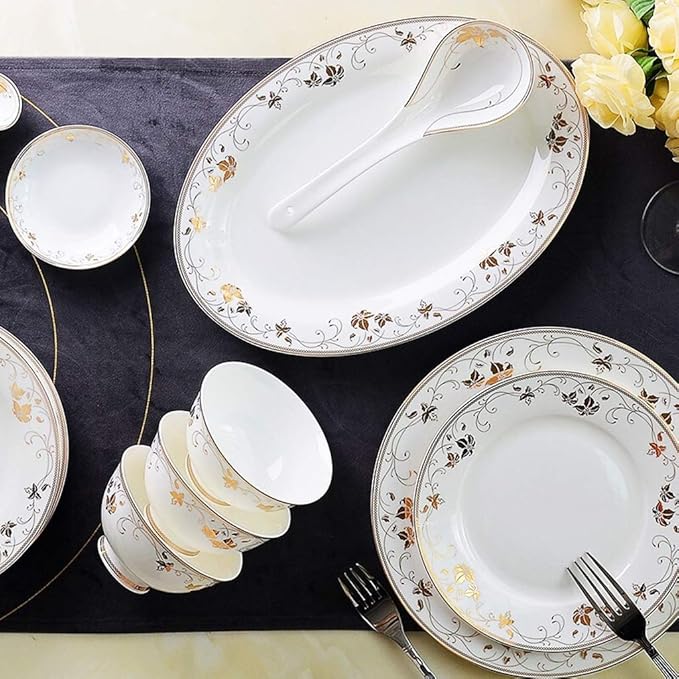 Ceramics Dinnerware Set with 50-PieceBowl/Soup Pot/Dish/Spoon|Dinner SetsGolden Rim Pattern Porcelain Combination Set