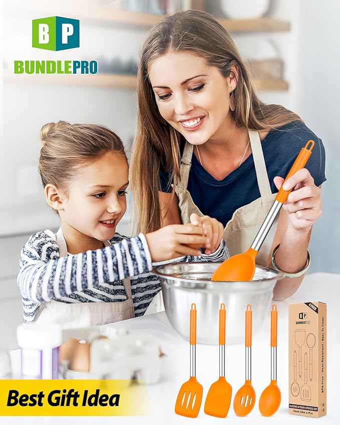 Pack of 4 Silicone Cooking Utensils Set Non Stick Large Solid Spatulas Heat Resistant Slotted Spoons Ideal BPA Free Kitchen Turners for Frying MixingServingDrainingTurningStirring (ORANGE)
