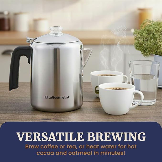 Elite Gourmet EC008 Classic Stovetop Coffee Percolator Glass Clear Brew Progress Knob Cool-Touch Handle Cordless Serve 8-Cup Stainless Steel