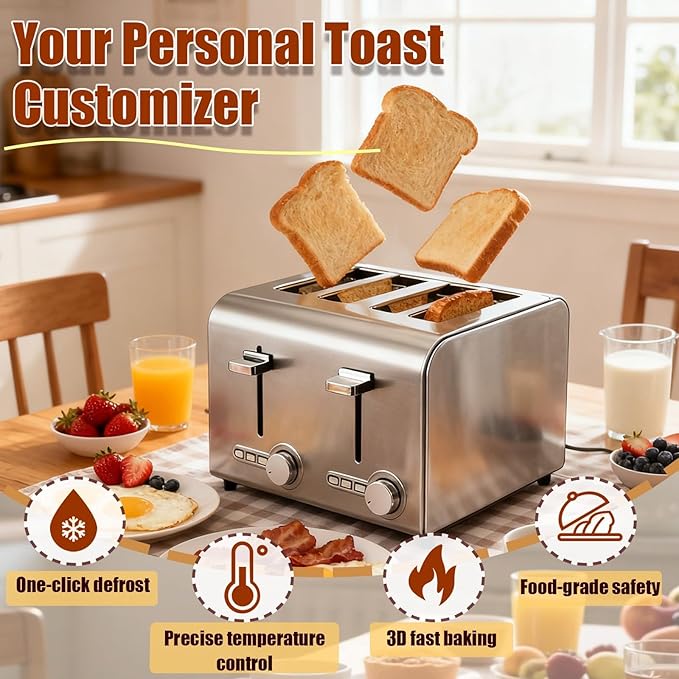 4/6 Slots Toaster with Extra Wide Slots Stainless Steel Dual Independent Controls Bagel Reheat Defrost Cancel High-Lift Lever Home Kitchen or Commercial Use(4 Slots)
